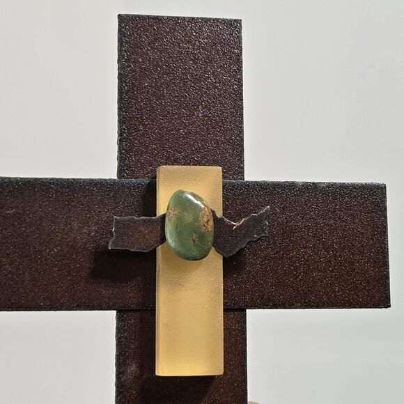 Cross Rustic Metal Turquoise Stone Resin/Glass Southwestern Religious 7.5" Wall - Picture 8 of 8